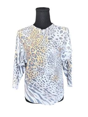 Sioni Animal Print Sweater Top Small Neutral Leopard Zebra Mixed Print Boho Chic